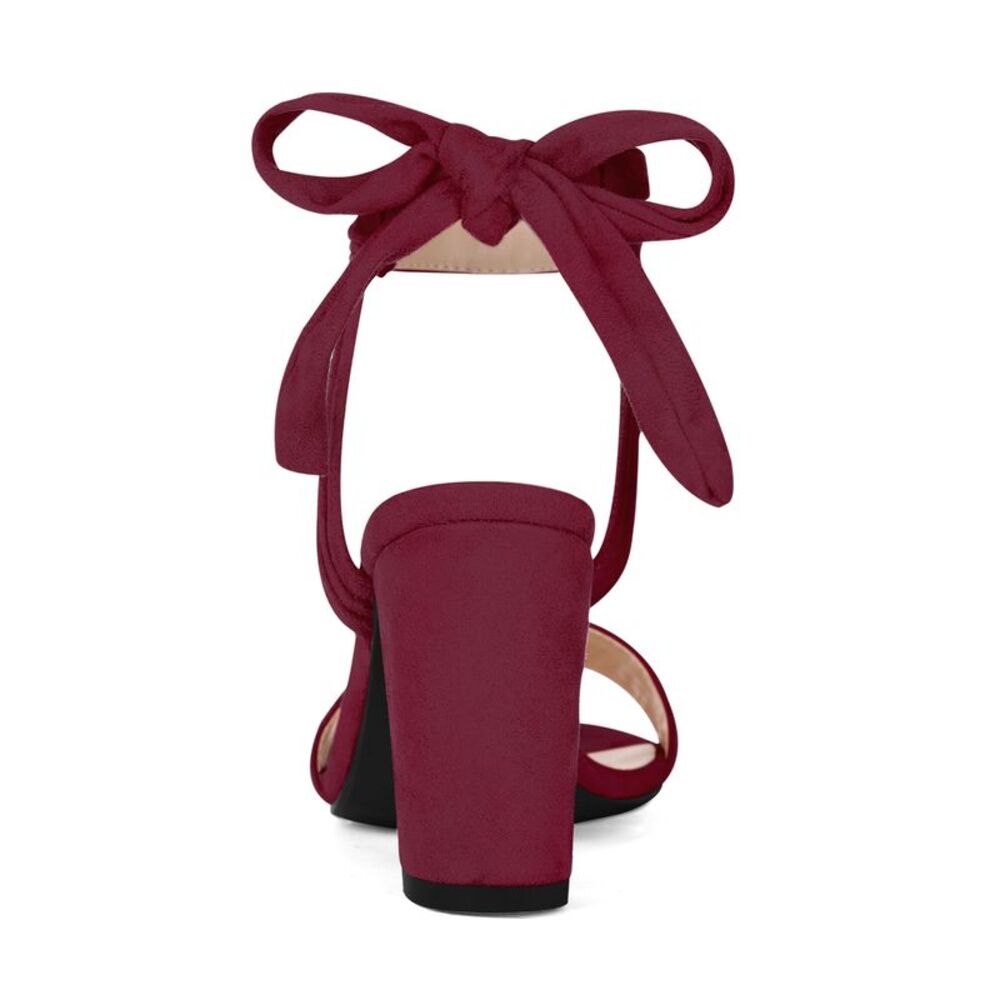 Women's Open Toe Ankle Tie Back Chunky Heel Burgundy Sandals - Picture 3 of 6